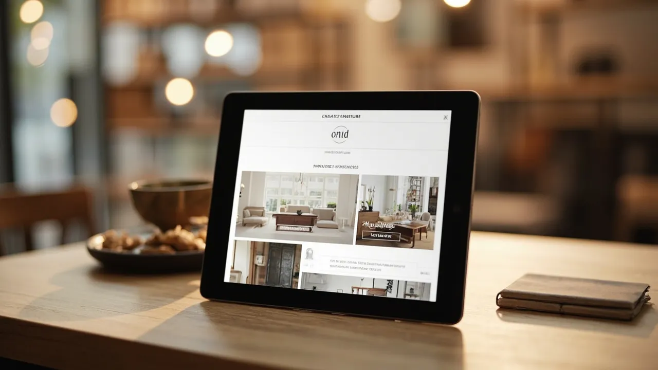 Symbolbild: ein Tablet auf einem Holztisch zeigt eine kuratierte Möbel-Showroom-Website mit einem ruhigen Raster aus warmen Möbelaufnahmen